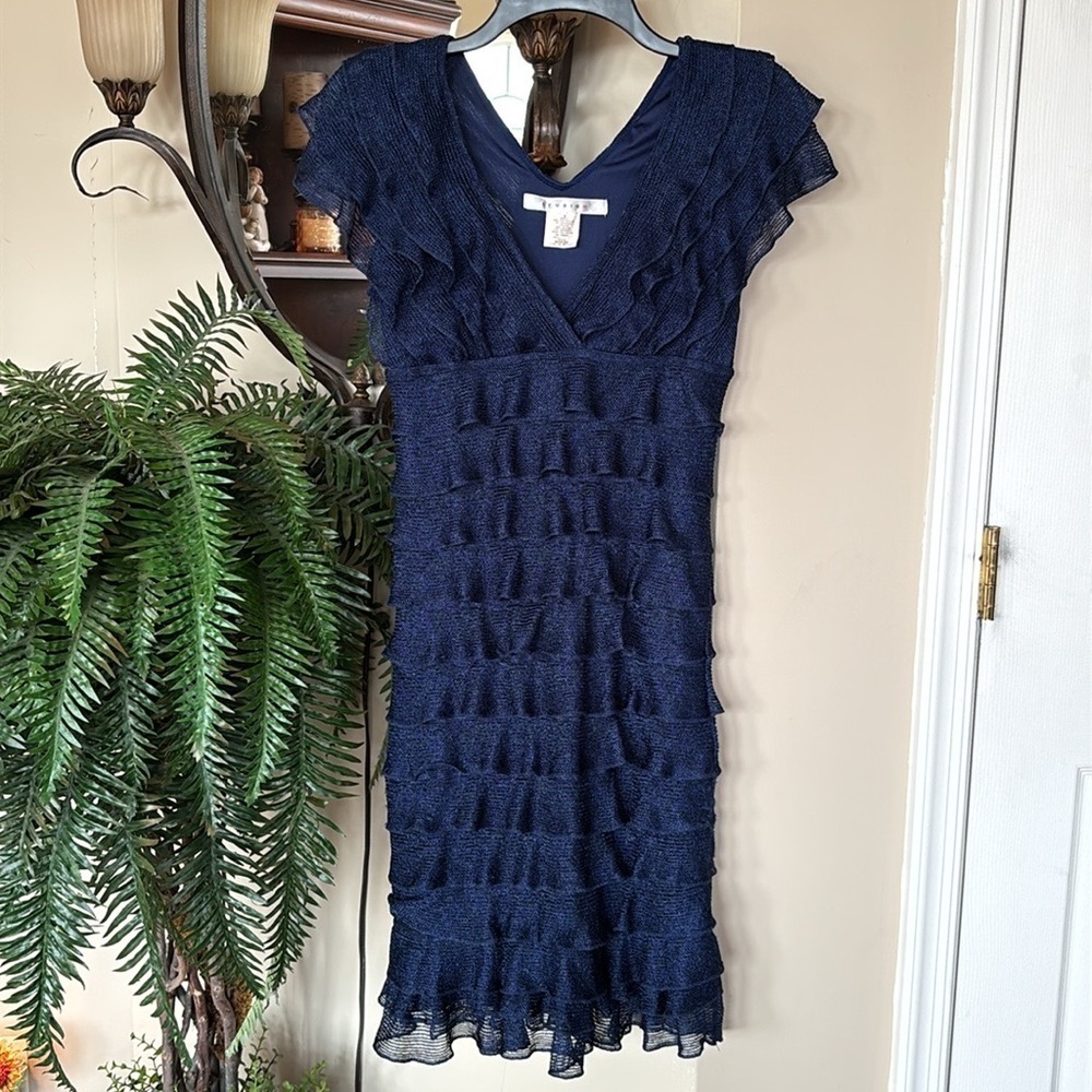 Studio M Navy Blue Tiered Ruffle Mesh Stretch Bodycon Dress V-Neck Lined
